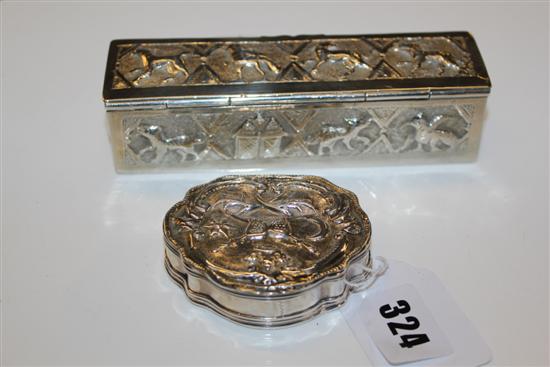 Continental embossed silver shaped snuff box & white metal animal embossed box